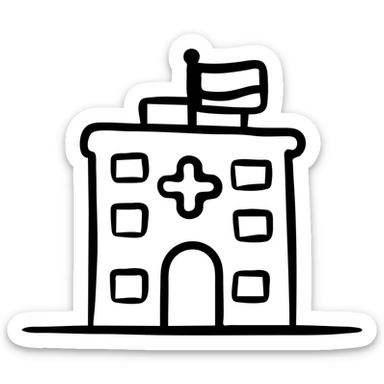 Hospital building with Thai flag on top, medical symbol, simple line drawing sticker