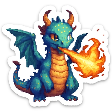 Add fire breath to the cartoon dragon in pixel art style, no background, keep pixel art aesthetic and details. sticker