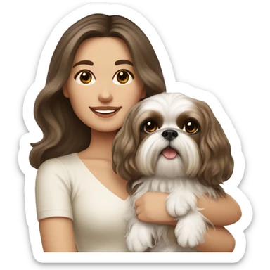 Young brunette hair woman with a cream shih tzu in her arms long wavy hair sticker