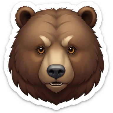 Cinematic Noble Grizzly Bear Portrait Emoji, Poised and regal, with a massive, powerful build and a thick, rugged deep brown fur, piercing deep-set soulful eyes, Simplified yet sharp and sophisticated features, highly detailed, glowing with a soft, dignified glow, high shine, intelligent and formidable, stylized with an air of untamed wilderness, focused and attentive, soft glowing outline, capturing the essence of a watchful and commanding guardian, so majestic it feels as though it could lumber out of the screen with effortless authority! sticker