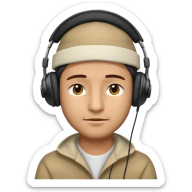 Half body man wearing topi and headphones, eyes closed, realistic emoji style. sticker