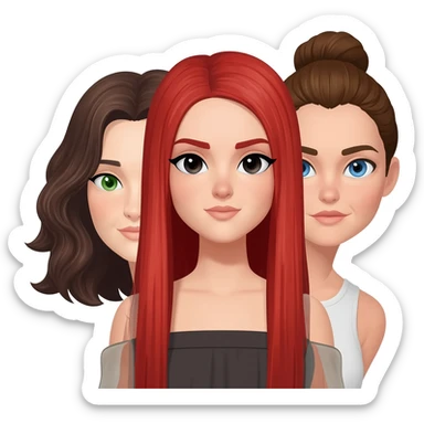 Emoji trouplr femme: à gauche: brune cheveux aux épaules, ondulés et châtain foncée, yeux verts. Au milieu rousse aux yeux noirs, cheveux longs et raides. À droite : châtain avec chignon et yeux bleus. Les trois sont de couleur de peau blanche. sticker