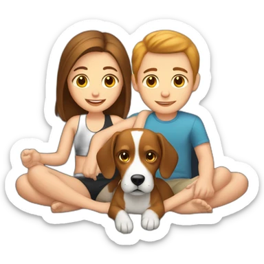 Brown hair White boy and girl with beagle Sit on couch sticker