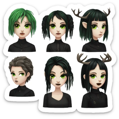 gothic girl, pale skin, green eyes, black dreads, bangs, black clothes, eyeliner, deer antlers  sticker