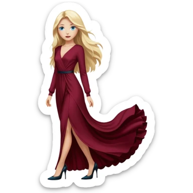 Chica rubia, ojos azules, vestido granate muy largo sexy cuerpo entero pelo largo manga larga zapatos negros tacon sticker