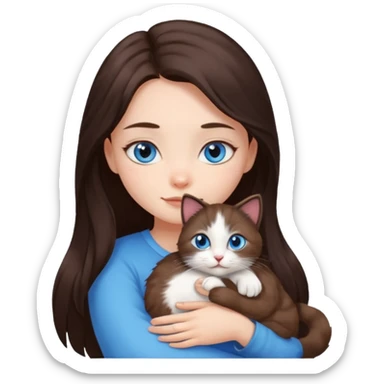 a pretty girl with long dark 
brown hair, with blue eyes, hugs 3 different natural coloured small cats sticker