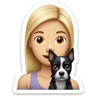 girl with a small black dog with white nose sticker