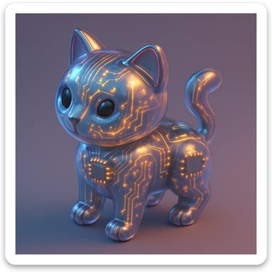 AI cat, metallic body, circuit patterns, robotic look sticker