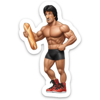 Sylvester Stallone Rambo mankini roller blades eating a baguette sticker
