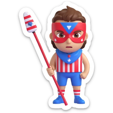 ruthless boy emoji wearing a savage mask painted with red, white, and blue stripes, holding a sharp-edged stick, inspired by Roger from Lord of the Flies sticker