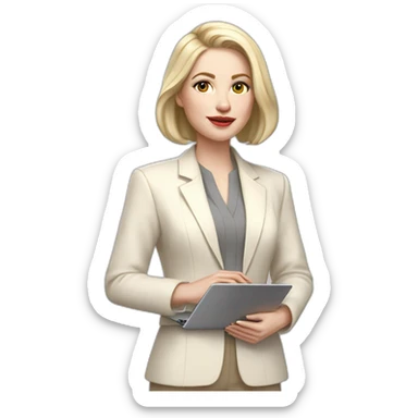 pale skin woman with ash blonde Straightened bob Hair, White Spacious classical jacket, beige palazzo Arrow pants and gray blouse holding a MacBook in the hands sticker