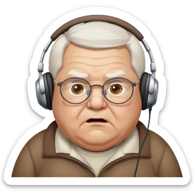 Very chubby brown old man with medium white hair, wearing glasses and headphones, looking surprised and angry, no facial hair, round full cheeks, double chin, looking to the upper left corner sticker