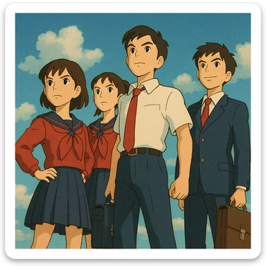 ghibli style group of confident students standing tall, looking heroic sticker
