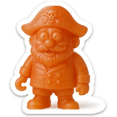 hyper-detailed retro 90's toy style bright orange semi-transparent soft plastic pirate with derpy eyes soft reflections soft and squishy some cloudiness not shiny highly detailed appealing no tag no background sticker