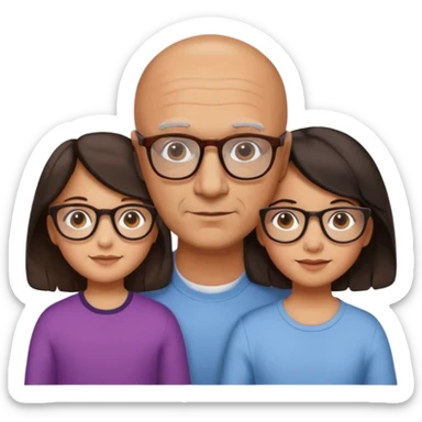 Papà calvo con occhiali, mamma capelli neri occhi marroni no occhiali, figlia capelli marroni mossi e occhiali tartarugati con montatura spessa occhi marroni, figlia capelli lisci marroni occhiali neri con montatura grande e fina occhi marroni  sticker