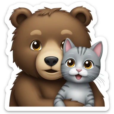 brown bear cub hugs gray cat sticker