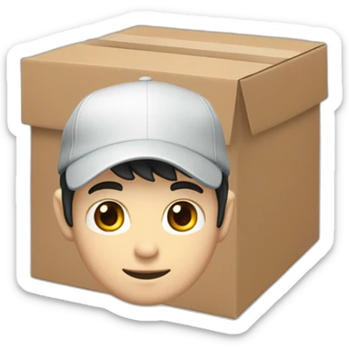 Pale skinned Man with black hair in a white cap and dark gray polo T-shirt with a box into his hands sticker