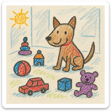 a dog in a room with toys, children doodle style sticker