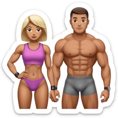 two pumped up people, one male and one female, both with cyber implants sticker