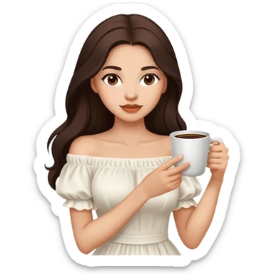 Beautiful woman in 1950’s woman fashion look, off-shoulder white dress, long dark brown hair, coffee sticker