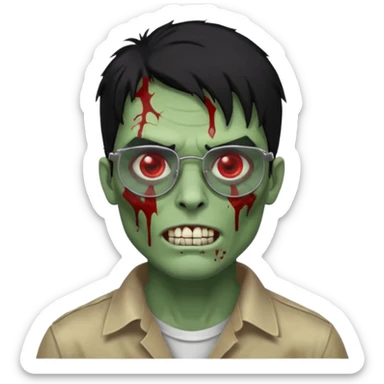 homem zumbi de óculos cabelo preto com muita olheira deixar pele dele verde dentes brancos e olhos vermelhos e ensanguentados deixar óculos quadrado e preto e olhos cheio de veias vermelhas e encher o rosto de piercings colocar piercing em todo rosto piercing prata sticker