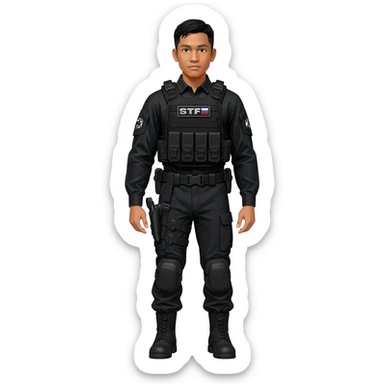 Filipino man STF SPECIAL TACTICS FORCE OUTFIT BLACK FATIGUE AND COMBAT BOOTS PLATE CARRIER AND HOLSTER sticker