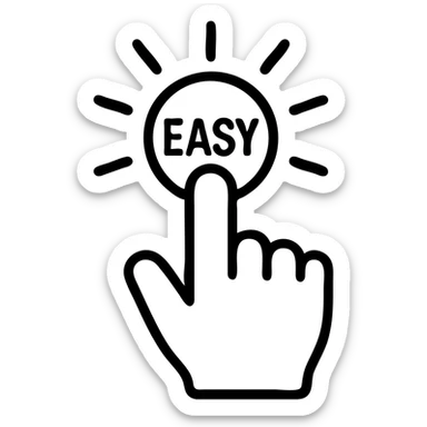 Single finger pressing effortless button with radiating success lines, minimalist interaction design, bold corporate illustration style sticker