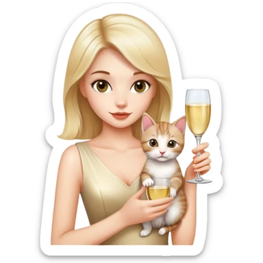 Beautiful girl holding a kitten in one hand and a glass of champagne in the other sticker
