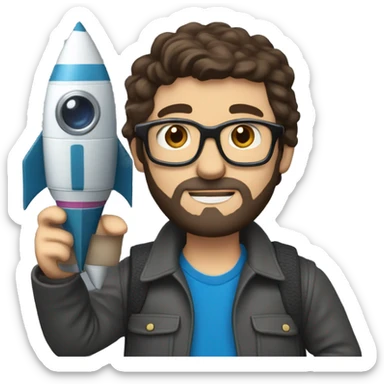 Man with glasses and dark brown hair and beard blue eyes, holding a camera, and a toy rocket sticker