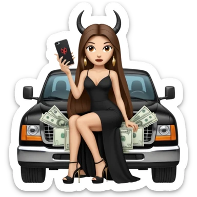 Sensual queen long brown straight haired sexy drug lord woman with black platform high heels with  on her feet,  and devil black horns on her head, holding a stack of cash, has a phone in other hand. Sitting on a large big new model F350 pickup truck  full of drugs, long black dress with sexy slit sticker