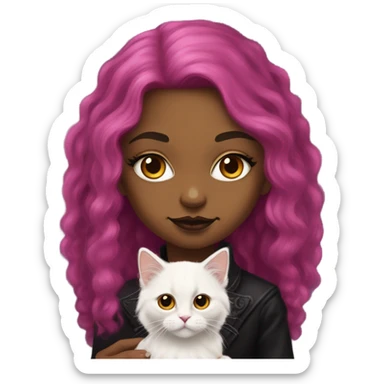 Pretty portrait of girl with Long magenta Hair and gothic make up and clothes with her fluffy golden british longhair kitten sticker