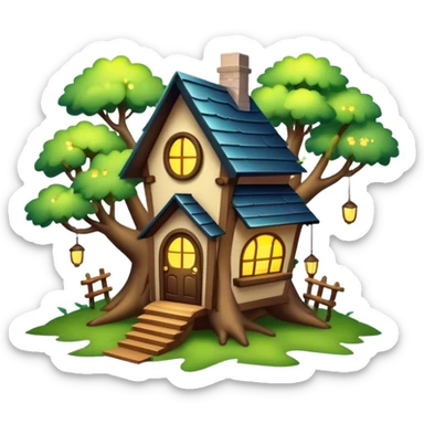 Magical house in the treetops with lightening bugs sticker