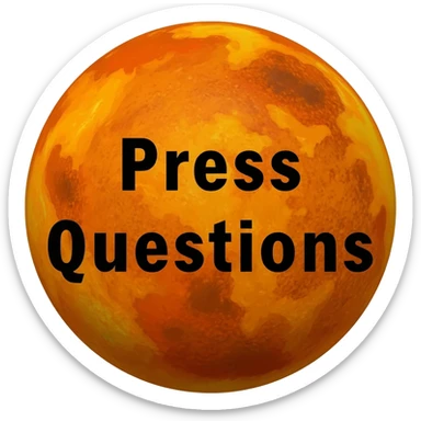 a yellow burning planet with "Press Questions" written in black letters on it, just the planet, no background sticker