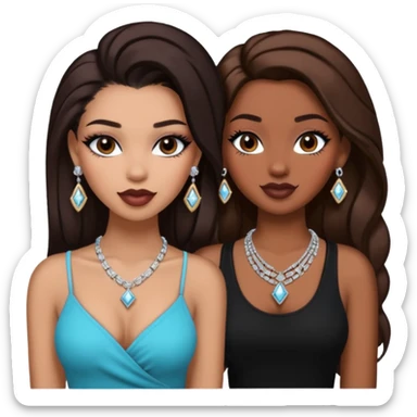 Boujy baddie best friends, trendy heavy makeup both dark hair one light skinned and one mocha brown pretty hair both wearing black and earrings and diamond necklace one mocha brown skin better ones please  sticker