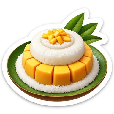 cinematic-realistic-mango-sticky-rice-dessert-emoji,-showcasing-sweet-sticky-rice out of a mould-paired-with-ripe-mango-slices-and-coconut-milk-rendered-with-lifelike-detail-and-warm,-inviting-lighting with the coconut  milk over the rice sticker