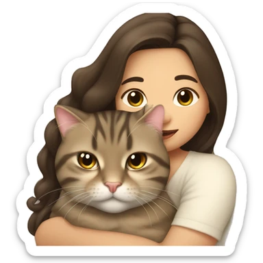 long hair brunette asian woman snuggling fat tabby cat sticker