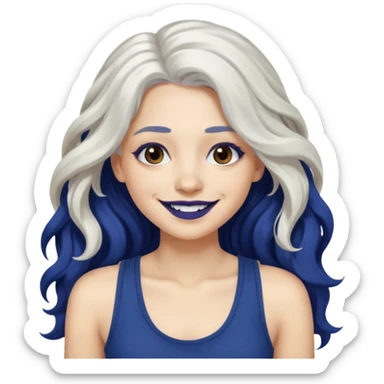 woman with wavy long white hair and brown eyes. She has dark blue lipstick. smiling in a grunge tanktop sticker