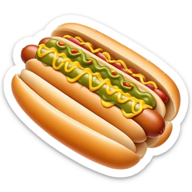 Cinematic Realistic Hot Dog Dish Emoji, featuring a classic hot dog in a bun topped with mustard and relish rendered with crisp textures and vibrant, dynamic lighting. sticker