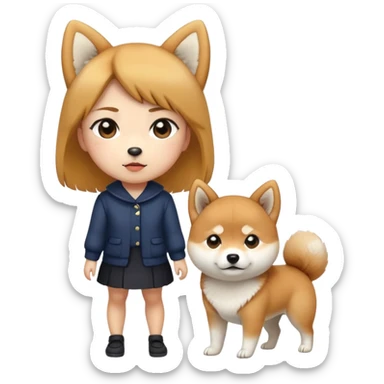 The Shiba Inu is behind and refuses to leave. The pretty girl is standing in front. sticker