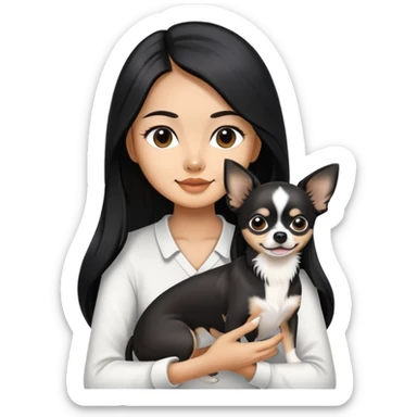 Thai woman with flowing black hair playing with a black and white Chihuahua dog sticker