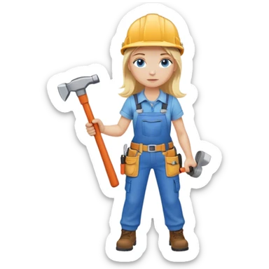 A blond girl blue eyes, habdyman Outfit, wearing a Helmet and a Hammer, Whole body  sticker