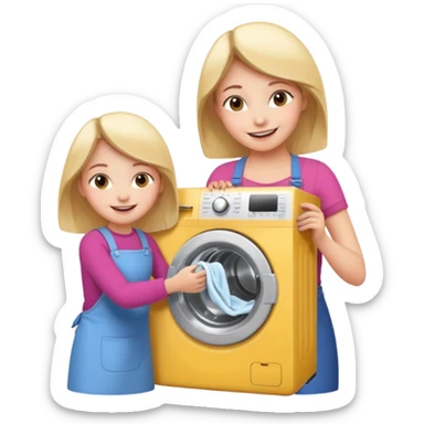 Mother and little daughter opening a washing machine door sticker