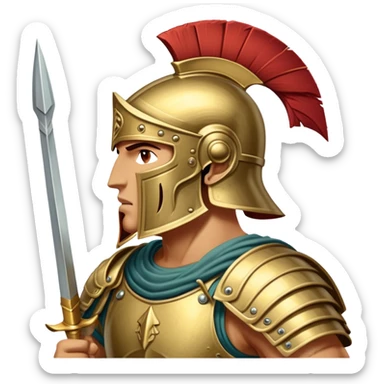Cinematic-realistic Achilles emoji portrait fearlessly on the battlefield of Troy. His trojan armor gleams , each intricate engraving telling tales of his past glories. His piercing gaze locks onto his foe, his grip tightening around his spear.  sticker