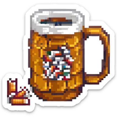 Add a few cigarette butts resting on the rim or near the base of the classic beer mug in pixel art style. Keep the background transparent. sticker