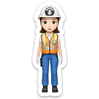 Brunette Girl full body standing with her white security helmet and security vest on sticker