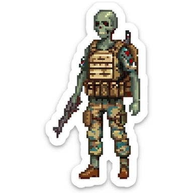 A zombie undead soldier, he has a bdu camouflaged uniform with a tan plate carrier, undead, leaned over posture, zombie, partially skeleton sticker