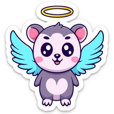 possum with angel wings, sparkles, glowing halo, vibrant neon colors, cute big eyes sticker