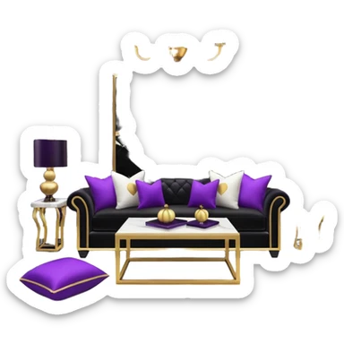 Luxurious black marble living room with gold and white accents and with a purple accented pillow  sticker