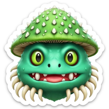 poisonous mushroom monster portrait, head and shoulders only, animal-like creature, mushroom cap head with spikes, toxic green glow, beast-like eyes, furry neck details, monstrous but cute fantasy vibe, 3D cartoon, mobile game icon style, clean background, no text, no watermark

 sticker