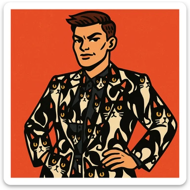 masculine woman with short brown hair and a tuxedo cat, style 4 sticker
